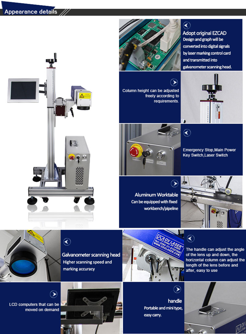 Horizontal moving scanning head split 20W 30W 50W fiber laser marking machine /laser engraving machine for metal